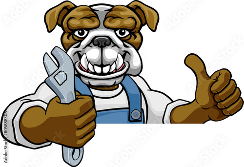 A bulldog cartoon animal mascot plumber  mechanic or handyman builder construction maintenance contractor peeking around a sign holding a spanner or wrench and giving a thumbs up