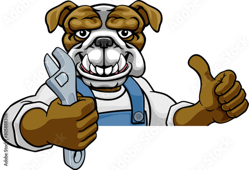 A bulldog cartoon animal mascot plumber, mechanic or handyman builder construction maintenance contractor peeking around a sign holding a spanner or wrench and giving a thumbs up