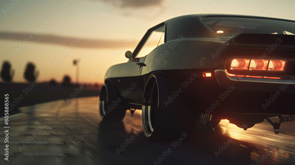 Fototapeta premium Classic muscle car cruising on a highway at sunset, embodying freedom and the spirit of the open road.