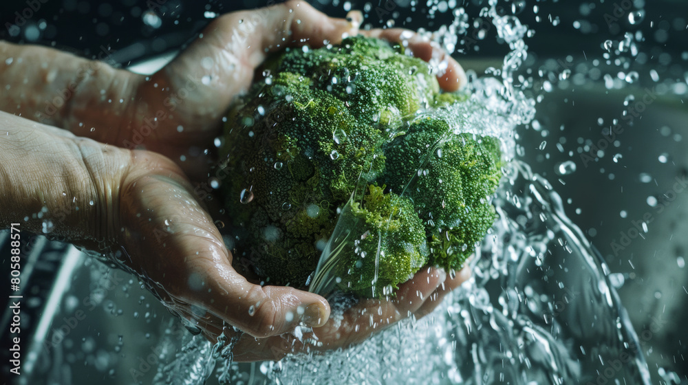 Fototapeta premium Fresh broccoli being washed under a splash of water, highlighting its vibrant texture.