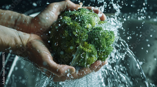 Fresh broccoli being washed under a splash of water, highlighting its vibrant texture.