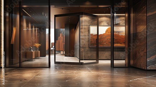 Sleek entrance with a door that displays a virtual art gallery tour