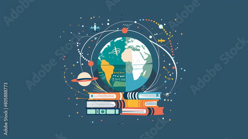 A globe and books icon surrounded  subjects representing global education and interdisciplinary learning with a globe symbolizing international studies and a stack of books representing