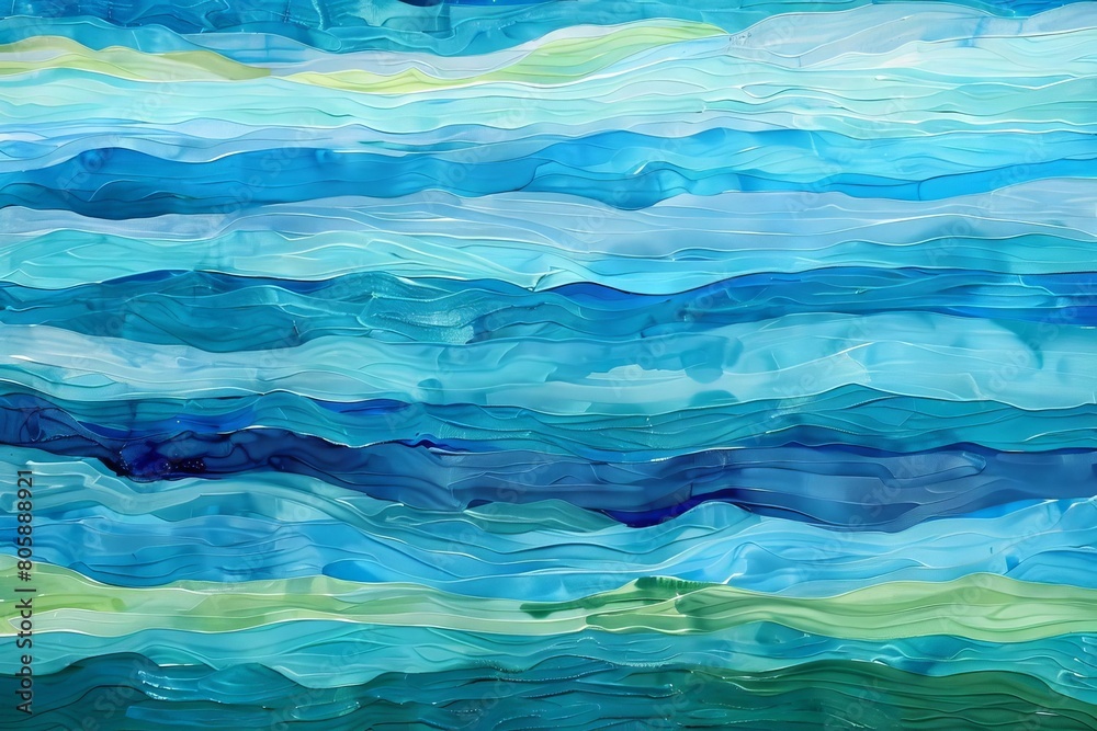 Bold, horizontal strokes in varying shades of blue and green, layered to resemble rolling ocean waves Bold, horizontal strokes in varying shades of blue and green, layered to resemble rolling ocean waves