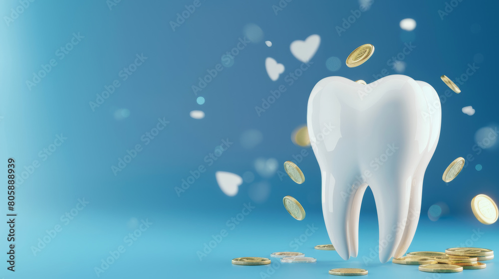 A conceptual image of falling coins and a shiny white tooth, suggesting dental costs. A conceptual image of falling coins and a shiny white tooth, suggesting dental costs.
