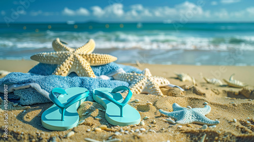 flip flops and a beach towel on the sand, seaside background, realistic photo style