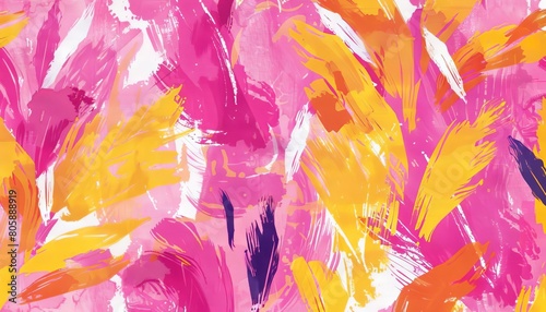 Bold, broad brushstrokes in bright pink and yellow that create an abstract, floralinspired pattern photo