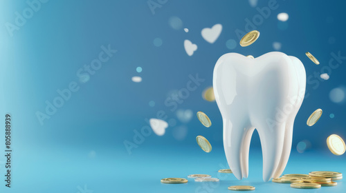 A conceptual image of falling coins and a shiny white tooth, suggesting dental costs.