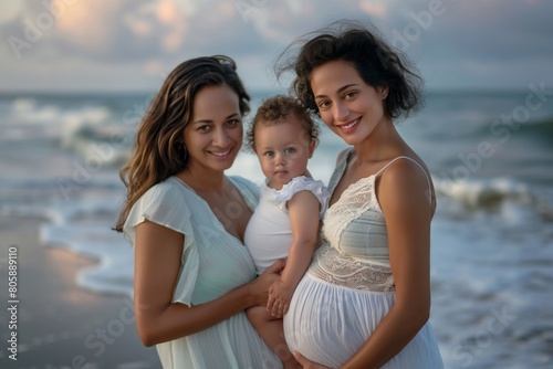Pregnant Women and Baby on the Beach at Sunset © Darya