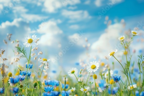 Beautiful field of meadow flowers and blue wild peas against morning sky, nature landscape