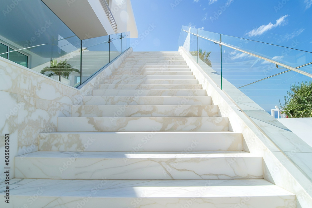 Fototapeta premium From the base, looking up a luxurious staircase with marble steps and glass railings.
