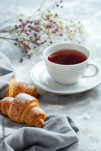 Fresh Croissants with Tea and Delicate Flowers on a Light Table
