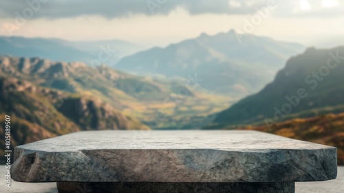 Stone Table Overlooking Misty Mountainous Landscape