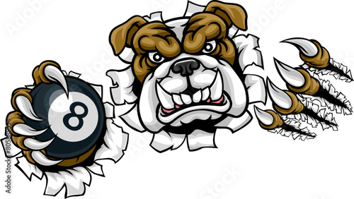 A bulldog dog angry mean pool billiards mascot cartoon character holding a black 8 ball.