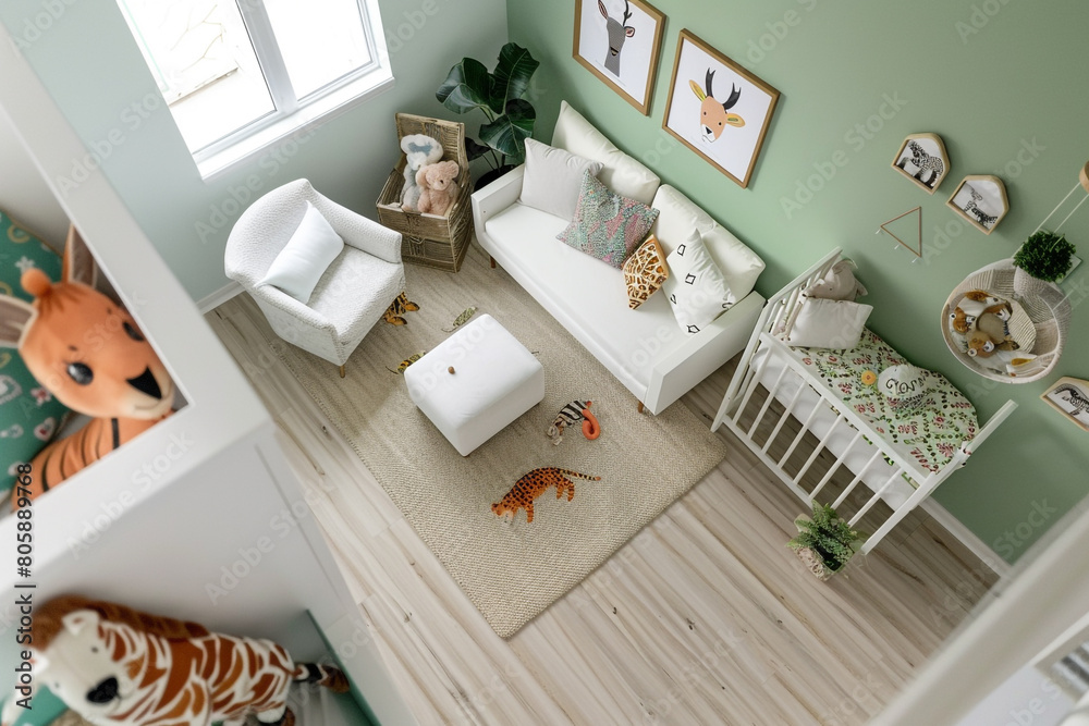 Fototapeta premium Overhead perspective of a nursery room with light green walls, white accents, and animal print decor.
