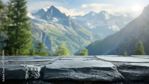 Stone Table Overlooking Misty Mountainous Landscape