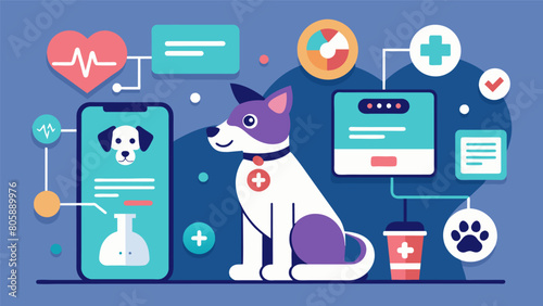A nextlevel pet care platform that utilizes AI technology to compile and analyze health records providing personalized recommendations and alerts for. Vector illustration