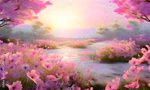 landscape with pink flowers