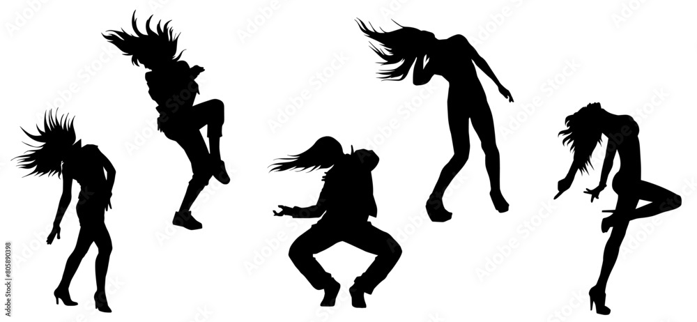 Silhouette collection of female dancer in action pose. Silhouette of slim energetic woman performing dance move. Silhouette collection of female dancer in action pose. Silhouette of slim energetic woman performing dance move.