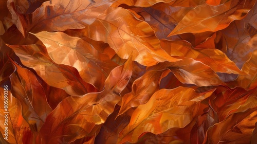 Broad, curving strokes in shades of orange and copper that form an abstract representation of autumn leaves