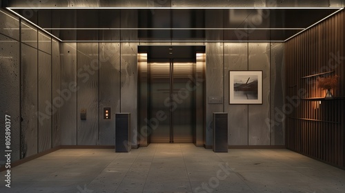 Sleek entrance with a door that displays a virtual art gallery tour