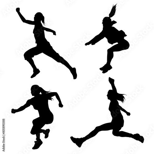 Silhouette collection of slim sporty female jumping. Silhouette collection of woman jumping pose.