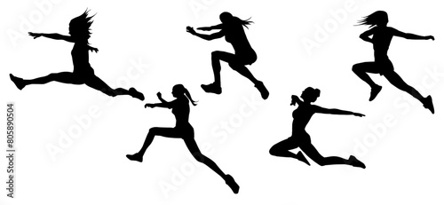 Silhouette collection of slim sporty female jumping. Silhouette collection of woman jumping pose.
