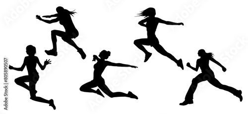 Silhouette collection of slim sporty female jumping. Silhouette collection of woman jumping pose.