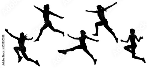 Silhouette collection of slim sporty female jumping. Silhouette collection of woman jumping pose.