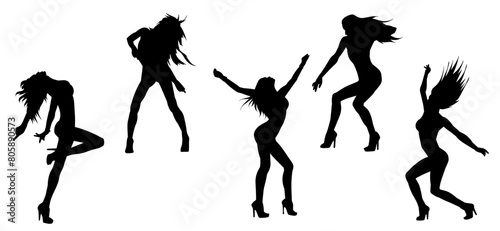 Silhouette collection of female dancer in action pose. Silhouette of slim energetic woman performing dance move.