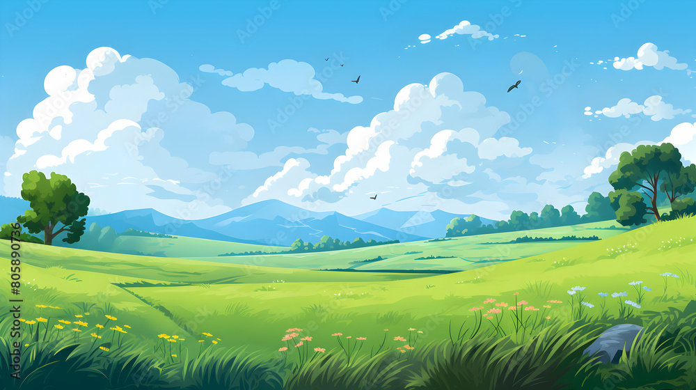 Fototapeta premium illustration of a landscape with sky, grass nature background,Generative Ai