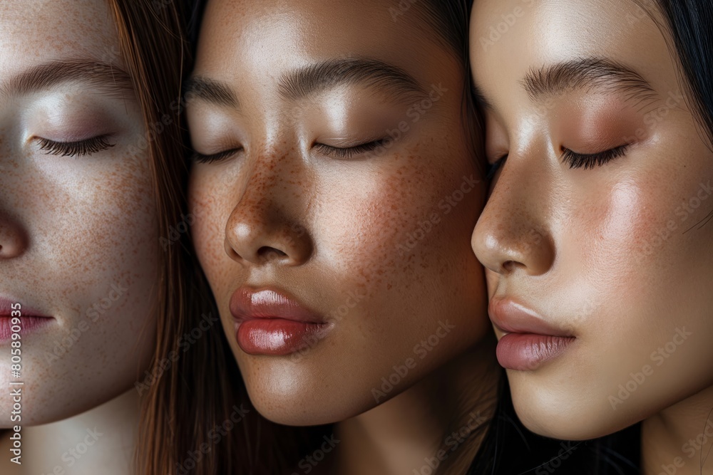 Close-up of diverse women with freckles showcasing natural beauty Close-up of diverse women with freckles showcasing natural beauty