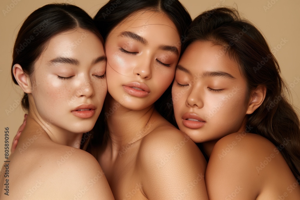 Portrait of three serene Asian women with natural beauty Portrait of three serene Asian women with natural beauty