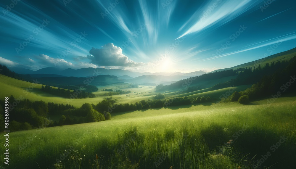 Obraz premium Radiant sunbeams illuminate a verdant valley, framed by rolling hills and a dynamic sky, captured with a wide-angle lens that emphasizes the vast, peaceful landscape.