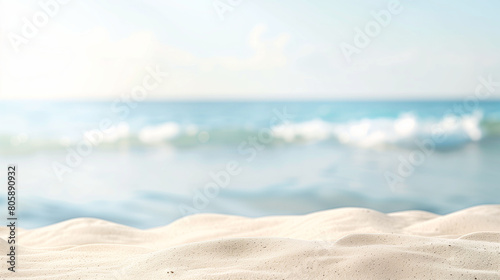 Panoramic view of a pristine white sand beach with turquoise waters, summer holiday. Waves gently lap the sandy shore.