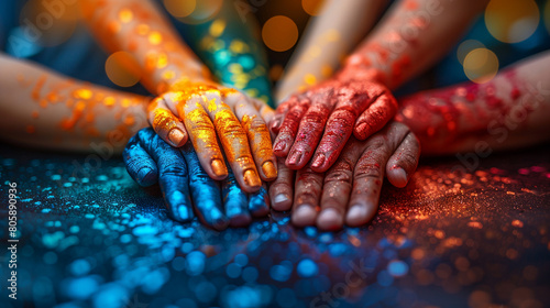 Colorful teamwork unity, hands paint, bokeh background. Collaboration, diversity, multiethnic group photo