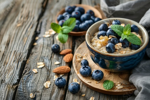 Healthy oatmeal porridge with blueberries and almonds on wooden table for breakfast