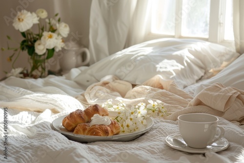 Traditional breakfast in bed. A romantic morning in a white and beige bedroom setting