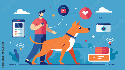 An innovative pet training academy utilizing specialized wearable technology to track and monitor progress during training sessions.. Vector illustration