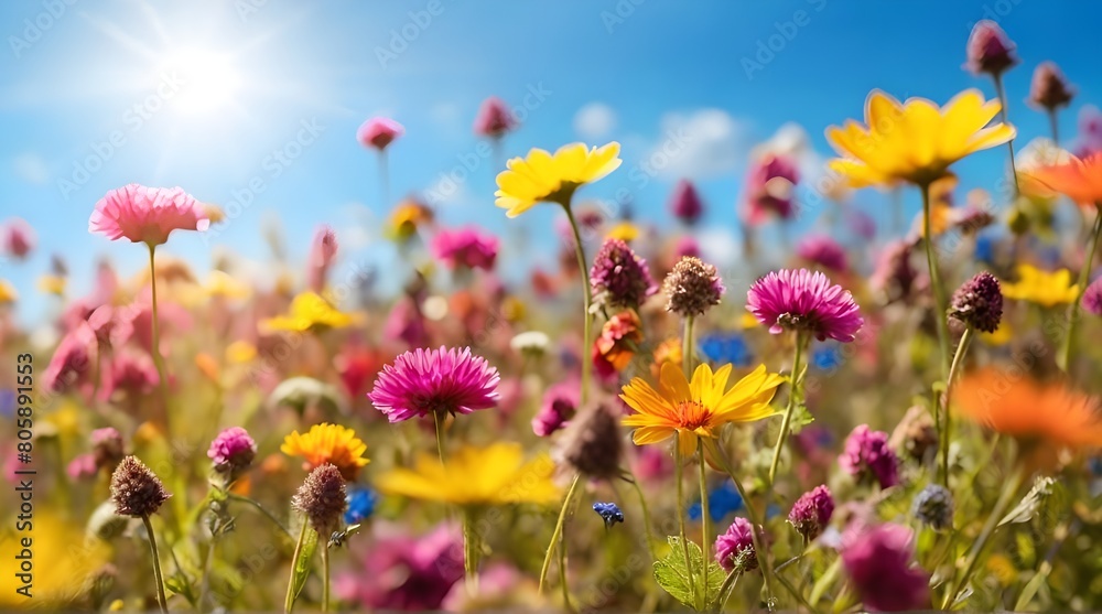 Colorful flower meadow with sunbeams and blue sky and bokeh lights in summer - nature background banner with copy space - summer greeting card wildflowers spring conceptNatural Background, field Blue Colorful flower meadow with sunbeams and blue sky and bokeh lights in summer - nature background banner with copy space - summer greeting card wildflowers spring conceptNatural Background, field Blue
