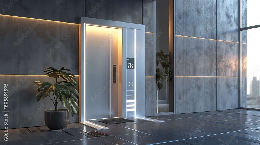 Fototapeta premium Sleek entrance with a door that has a built-in weather station and a smart lighting system