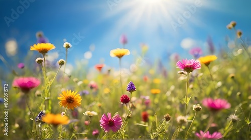 Colorful flower meadow with sunbeams and blue sky and bokeh lights in summer - nature background banner with copy space - summer greeting card wildflowers spring conceptNatural Background  field Blue 