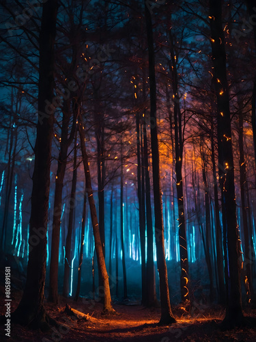 Glowing Woods, Explore the Night Forest Landscape, Where Abstract Neon Lights Bring Magic and Fantasy to Life © xKas