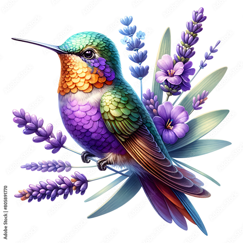 Fototapeta premium Hummingbird with Flowers Clipart, Colourful bird with flowers