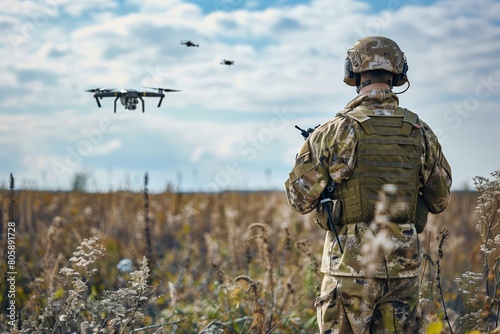 Military Soldier Operating Drones in Open Field