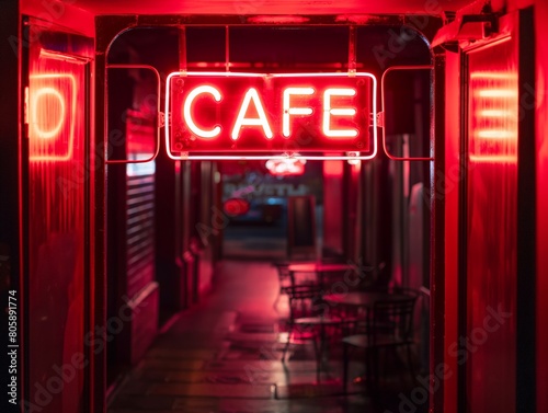 Neon cafe sign illuminates the entrance with a warm glow, inviting night-time ambiance.