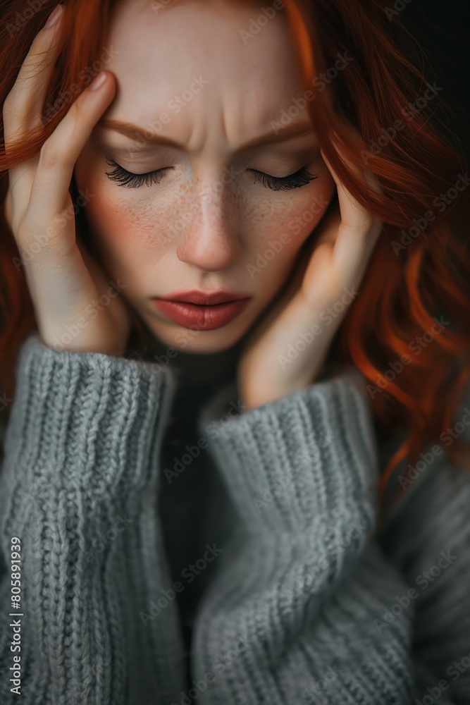 Redhead Woman Experiencing Stress or Headache Redhead Woman Experiencing Stress or Headache