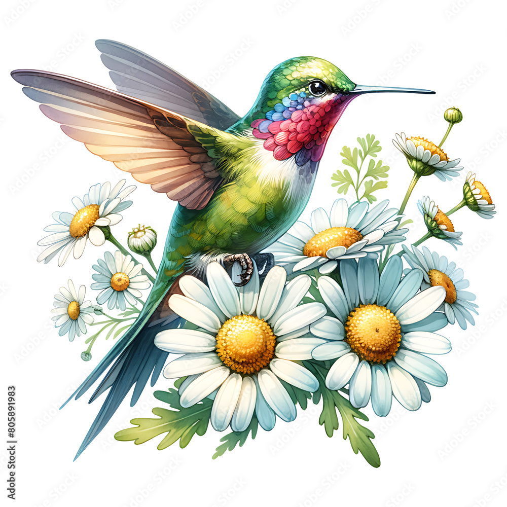Hummingbird with Flowers Clipart, Colourful bird with flowers