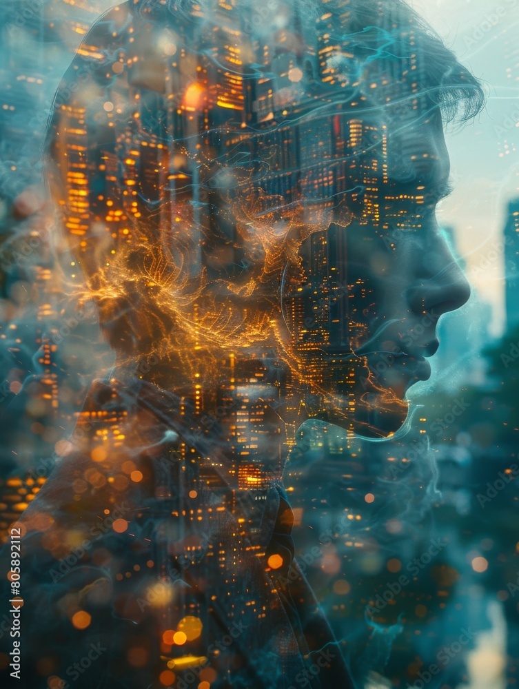 A man wearing suit with glitchy, distorted visual effects and double exposure