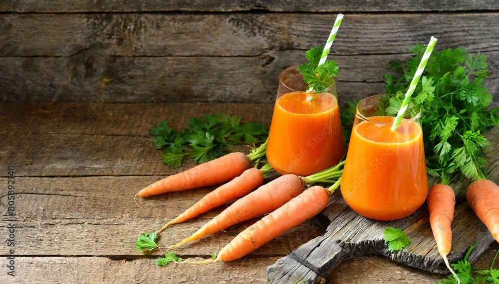 Carrot juice on wooden background with copy space, healthy nutrition Carrot juice on wooden background with copy space, healthy nutrition